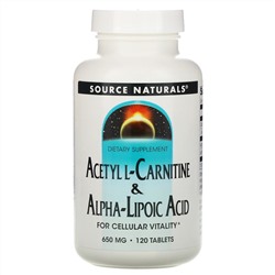 Source Naturals, Ацетил L-карнитин и альфа-липоевая кислота, 650 мг, 120 таблеток