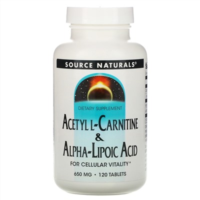 Source Naturals, Ацетил L-карнитин и альфа-липоевая кислота, 650 мг, 120 таблеток