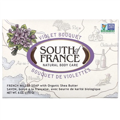 South of France, кусковое мыло французского помола с органическим маслом ши, с запахом букета фиалок, 170 г (6 унций)