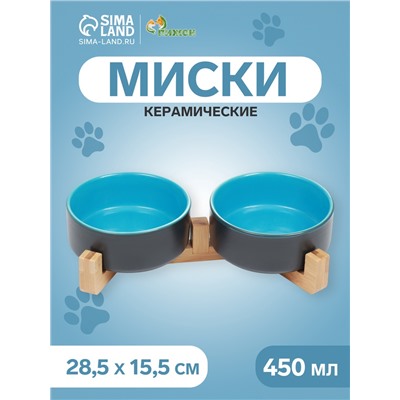 Миски, 450 мл, 28.5×15.5×7 с, 2 шт., на подставке, керамика, серая, голубая