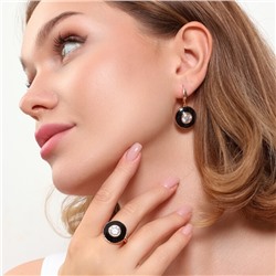 Комплект ювелирной бижутерии коллекция "Дубай" серьги и кольцо 20 р, покрытие позолота, вставка: цветная эмаль и крупный фианит, цвет: прозрачный и черный, арт.215.346-20