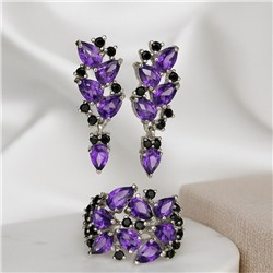 Комплект ювелирная бижутерия серьги и кольцо 17 р, покрытие: посеребрение, вставка: фианиты, цвет: фиолетовый и черный, арт.313.034-17