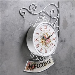 Часы настенные двусторонние, на подвесе "WELCOME", d-23 см, 47 х 31 см, 2хАА, белые