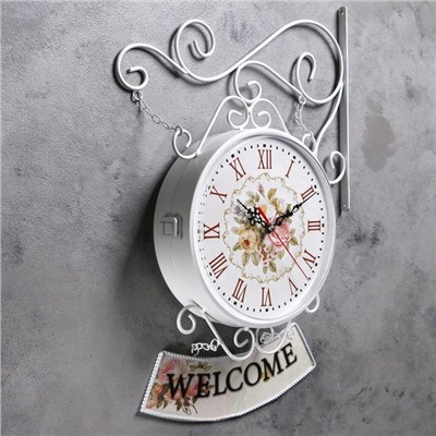 Часы настенные двусторонние, на подвесе "WELCOME", d-23 см, 47 х 31 см, 2хАА, белые