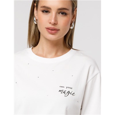 Удлиненная футболка over-size с  принтом стразами