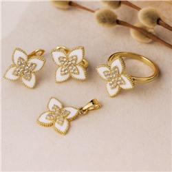 Комплект ювелирной бижутерии Итальянское золото (покрытие желтое 14к) серьги, кулон и кольцо 18 р, вставка: эмаль и  цирконы, цвет: белый и прозрачный, арт.217.380-18