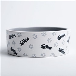 Миска для кошек керамическая Пижон «Рыбные косточки и лапки» 300 мл, 12.5×4.5 см, серая