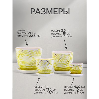 Горшок для цветов «Тропики», керамика, с поддоном, набор 4 шт.: 400 мл, 1 л, 2.5 л, 5 л