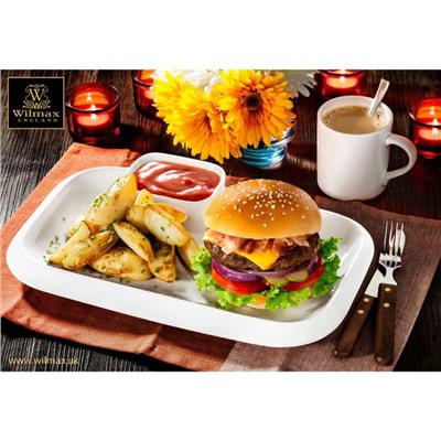 Блюдо фарфоровое прямоугольное с соусником Wilmax Teona, 20×12 см, белое