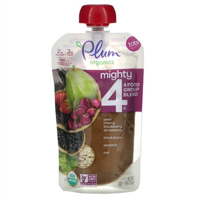 Plum Organics, Tots, Mighty 4, 4 Food Group Blend, Pear, Cherry, Blackberry, Strawberry, Black Bean, Spinach, Oat, 4 oz (113 g)