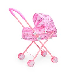 Коляска кукольная (металлическая, складная, прогулочная с капюшоном, цвет розовый, с принтом) в пакете