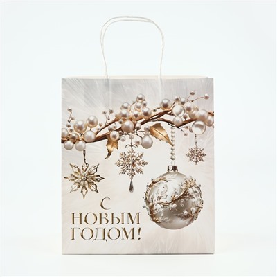 Пакет подарочный новогодний «С Новым годом», белый крафт, 22×25×12 см