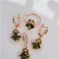 Комплект ювелирной бижутерии Дубайское золото, покрытие: позолота, серьги, кулон и кольцо 18 р, вставка: фианиты, цвет: зеленый и прозрачный, арт.314.779-18