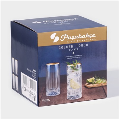 Стаканы Elysia, 365 мл, 4 шт., с золотой каймой, стекло, прозрачные