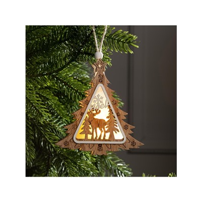 Ёлочная игрушка «Ёлочка с оленем», 11×11×2 см, от батареек, свечение тёплое белое