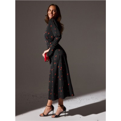 Платье с завязками на талии миди женское MINAKU Flower, размер 44, чёрное, красное