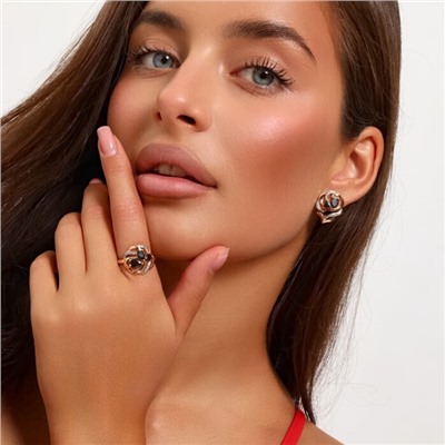 Комплект ювелирная бижутерия коллекция  "Дубай" серьги и кольцо 18 р, покрытие: позолота, вставка: фианиты, цвет: черный, арт.217.287-18