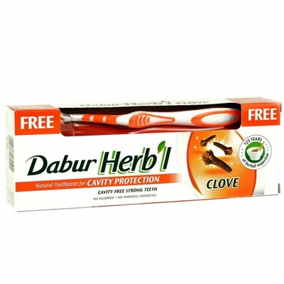 Dabur Herb'l Toothpaste Clove with Toothbrush / Дабур Зубная Паста Защита Полости Рта с Гвоздикой + Зубная Щётка Ср. Жесткости 150 г