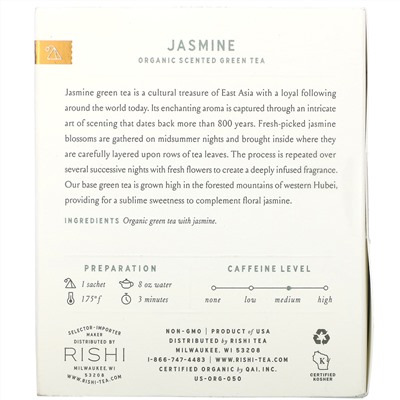 Rishi Tea, Organic Scented Green Tea, Jasmine, 15 Sachets, 1.48 oz (42 g)