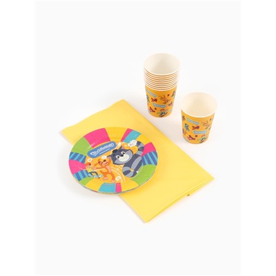 Посуда одноразовая бумажная на 10 персон «Простоквашино»: стаканы, тарелки, скатерть, Союзмультфильм