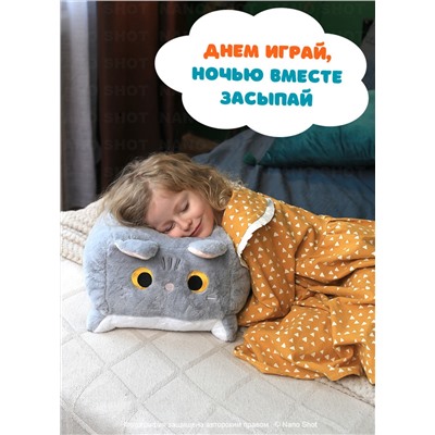 Мягкая игрушка кот-кирпичик котокуб глазастый квадратный котик, серый 40 см