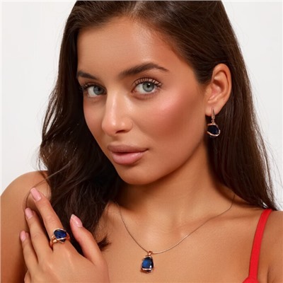 Комплект ювелирная бижутерия коллекция  "Дубай" серьги, кулон и кольцо 17 р, покрытие: позолота, вставка: фианит, цвет: синий, арт.313.058-17