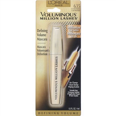 L'Oreal, Тушь для ресниц Voluminous Million Lashes, угольно-черная 635, 9 мл