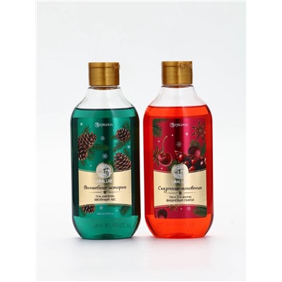 Подарочный набор новогодний в деревянной корзине: гель для душа, пена для ванны и полотенце, аромат хвойный лес и вишнёвый пирог, URAL LAB