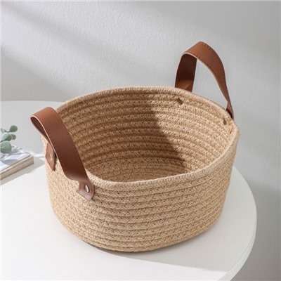 Корзина для хранения Доляна «Айко», плетёная, ручной работы, с ручками, 21.5×21.5×16.5 см, бежевая