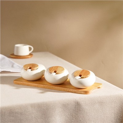 Банки для сыпучих SL Home «Тренто», 150 мл, набор 3 шт., с ложками, на деревянной подставке, фарфор, белые