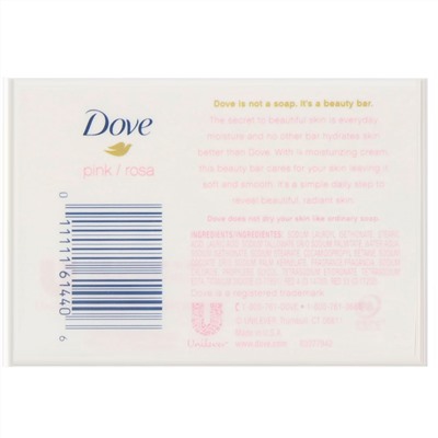 Dove, Косметическое мыло «Розовое», 4 шт. по 113 г