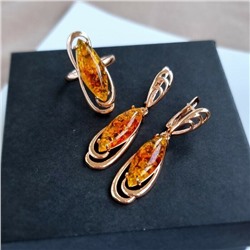 Комплект ювелирной бижутерии коллекция "Дубай",серьги и кольцо покрытие позолота, камень янтарь, р-р 17, 11809, арт. 414.376
