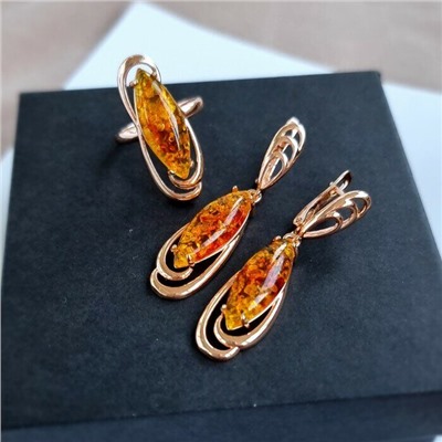 Комплект ювелирной бижутерии коллекция "Дубай",серьги и кольцо покрытие позолота, камень янтарь, р-р 20, 11809, арт.414.376-20