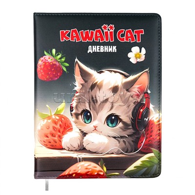 Дневник 1-11 кл. "Kawaii Cat" кожзам , 48 листов, белая бумага 80 г/м²,