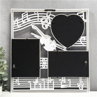 Фоторамка - коллаж на 3 фото 10×15, 13×12 см «Скрипка и ноты», пластик, мультирамка, белый, 34×32 см