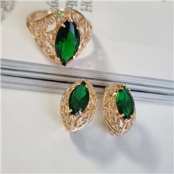 Комплект ювелирной бижутерии коллекция "Дубай" серьги и кольцо, покрытие: позолота, вставка: камень, цвет: зеленый, р-р 20,5, 7602, арт.216.359-20,5