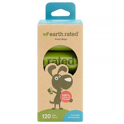 Earth Rated, пакеты для уборки за собаками, без запаха, 120 пакетов, 8 запасных рулонов