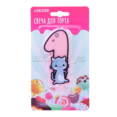 Свеча-цифра для торта "Котик" 1, размер свечки 9,1x6,6x1 см, с рисунком, розовая, в картонном блистере