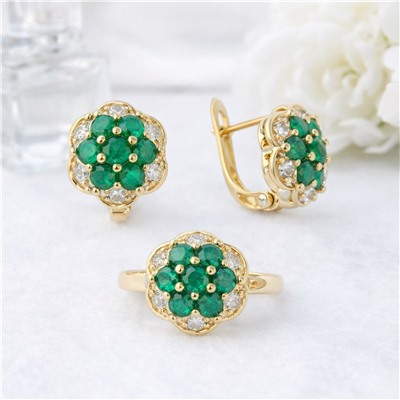 Комплект ювелирной бижутерии Итальянское золото (покрытие желтое 14к), серьги и кольцо 20 р, вставка: фианиты, цвет: зеленый и прозрачный, арт.007.281-20