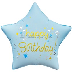 Шар (18''/46 см) Звезда, Happy Birthday (праздничные искры), Голубой, Сатин, 1 шт. в уп.
