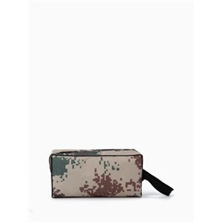 Косметичка на молнии мужская, с ручкой, с принтом, с сеткой, бежевая/зелёная