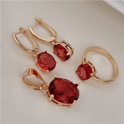 Комплект ювелирной бижутерии коллекция "Дубай" серьги, кулон и кольцо 20 р, покрытие позолота, вставка: фианит, цвет: малиновый, арт.215.514-20