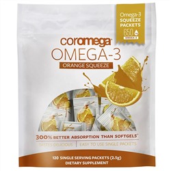 Coromega, Омега-3, апельсиновые пакетики для выдавливания, 120 пакетиков по 2,5 г (каждый)