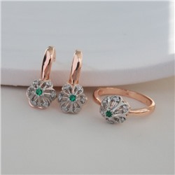 Комплект ювелирной бижутерии коллекция "Дубай" серьги и кольцо 17 р, покрытие позолота, вставка: фианиты, цвет: зеленый, арт.213.970-17