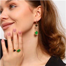 Комплект ювелирной бижутерии Итальянское золото (покрытие желтое 14к) в форме клевера серьги подвески и кольцо разъемное, вставка: ювелирный пластик, цвет: зеленый, арт.213.638