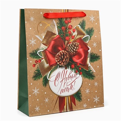 Пакет подарочный новогодний крафтовый «С Новым годом», M 26×30×9 см