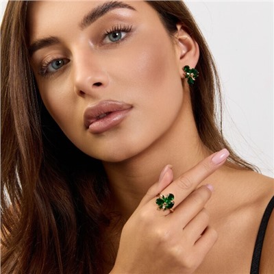 Комплект ювелирной бижутерии коллекция "Дубай" серьги и кольцо 17 р, покрытие позолота, вставка: стекло, цвет: зеленый, арт.215.560-17
