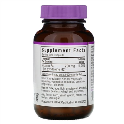 Bluebonnet Nutrition, витамин В6, 200 мг, 90 растительных капсул