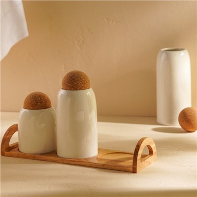 Банки для сыпучих SL Home «Тренто», 450/700/900 мл, набор 3 шт., на деревянной подставке, фарфор, белые