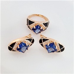 Комплект ювелирной бижутерии Дубайское золото серьги и кольцо, покрытие позолота, вставка: эмаль и фианиты, цвет: черный и синий, р-р 20, арт.314.458-20